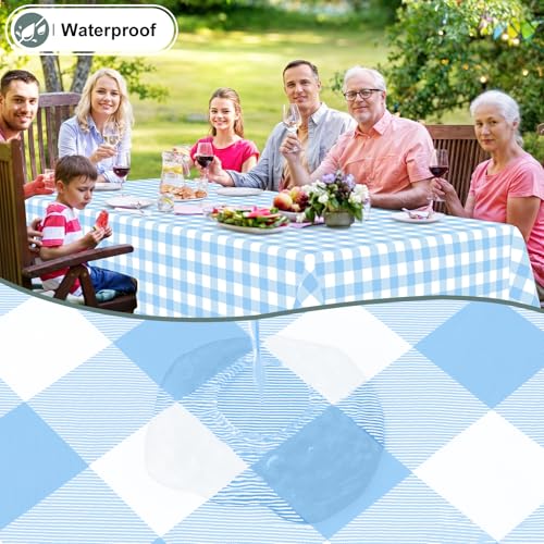 Image of misaya Square Waterproof Vinyl Table Cloth, Buffalo Flannel Backed Tablecloth, Wipeable Plastic Table Cover for Dinner, Kitchen, Outdoor (54 inch x 54 inch, Baby Blue and White)
