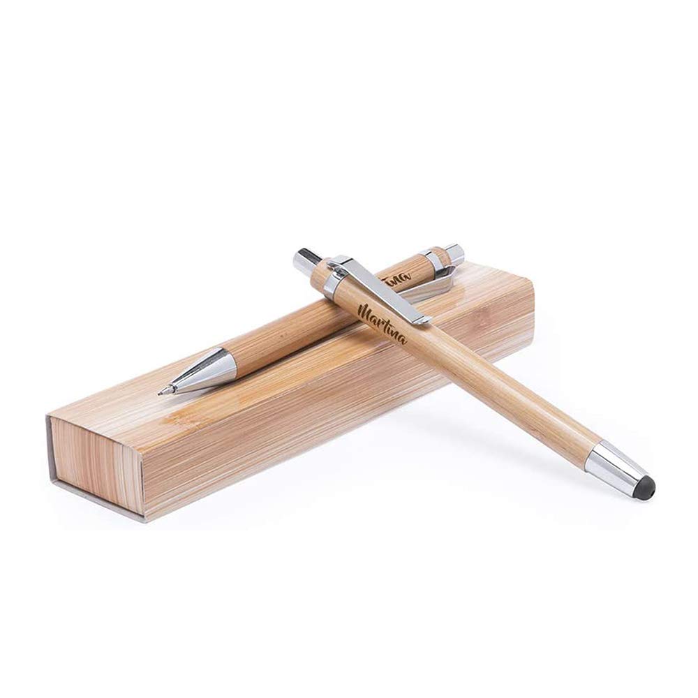 Set de Escritura PERSONALIZADO · Contiene Boligrafo con Puntero para Dispositivos Móviles y Portaminas · En Madera Bambu · Graba el Texto o el Nombre que desees · Ideal como Regalos Personalizados