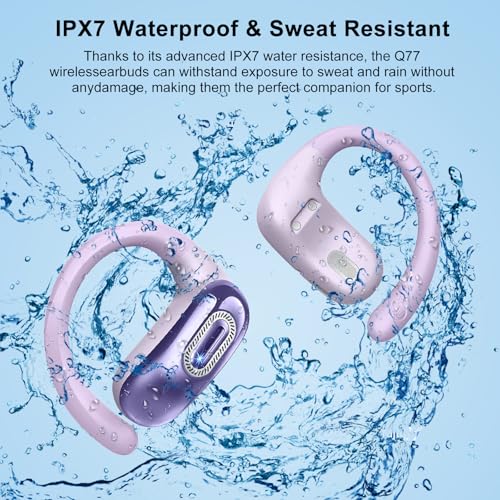 Image of Open Ear Headphones, Bluetooth 5.4 Earbuds, 50H, Air Conduction Ear buds, HD Stereo Bass Over Ear Earphones with Earhooks, Ultra-Comfort Secure, IPX7 Waterproof Headset for Working Sports, Purple