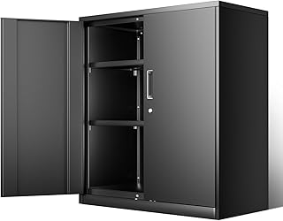 DNA Motoring Metal Storage Cabinet, 36'' Locking Cabinet with 2 Doors and 2 Adjustable Shelves, Metal Cabinet Heavy Duty Utility Cabinet for Garage,Office,Home,Gym, Black, TOOLS-00631-BK-BK