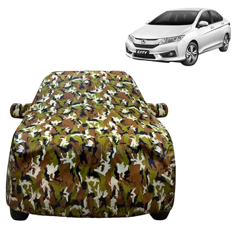 Image of VYAS 100% Waterproof Car Body Cover for New Honda City (2010-2016) with Mirror Pocket Triple Stitched Belt & Buckle Fitting Dual Elastic, Durable Material Jungle Print Camouflage Design