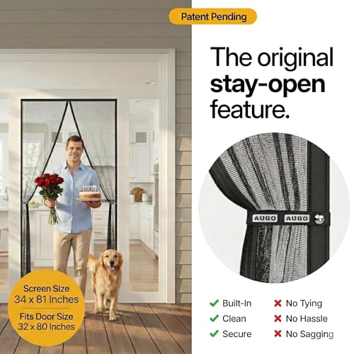 Image of AUGO Magnetic Screen Door - Self Sealing, Heavy Duty, Hands Free Mesh Partition Keeps Bugs Out - Pet and Kid Friendly - Patent Pending Keep Open Feature - 34 Inch x 81 Inch