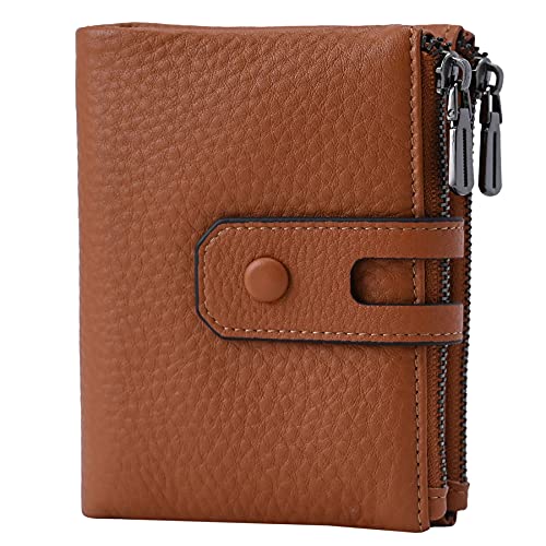 Bveyzi Small Soft Leather Wallet for Women RFID Blocking Ladies Card Holder with Double Zipper Pocket, Brown, Small, Rfid Wallet