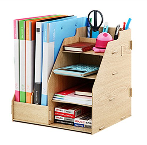 Étagère Rangement DIY Organisateur de Bureau en Bois 4 Planche + 2 Compartiment Creux Porte-Documents Magazine Livres Porte-Revues Pot à Crayon Multi-Fonctionnel Pour Bureau Maison Bibliothèque Cover