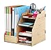 Étagère Rangement DIY Organisateur de Bureau en Bois 4 Planche + 2 Compartiment Creux Porte-Documents Magazine Livres Porte-Revues Pot à Crayon Multi-Fonctionnel Pour Bureau Maison Bibliothèque