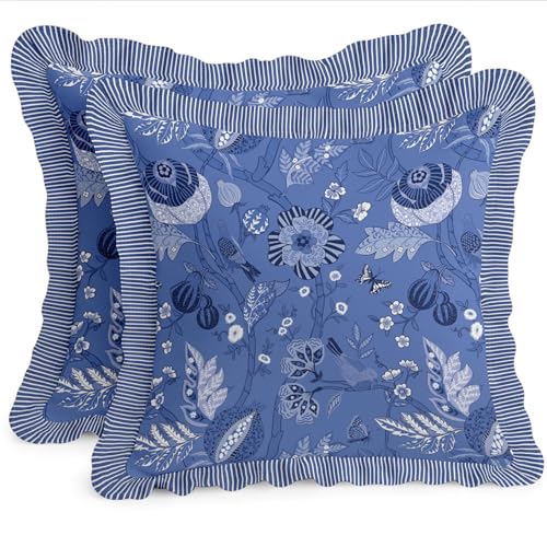 Vargottam 16x16 Cotton Cushion Covers Set of 2 - Double-Sided Printed Frill Pillow Covers with Zipper, Floral Print, Farmhouse Style, 100% Cotton Twill, No Filler