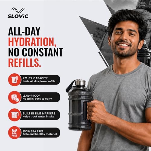 Image of SLOVIC Gallon Water Bottle 2 + Litre | Gym Motivational Sipper Water Bottle for Adults | 100% BPA Free & Leakproof | 2 Litre Sipper for Men & Women with Ergonomic Handle | Transparent | 2200 ML