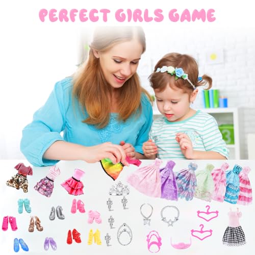 Vicloon 32 Kleidungsstücke für Puppen,Puppenkleidung,Kleidung Schmuck Zubehör Hochzeit Party Abendkleider für Puppen,2 Kleider,2 Abendkleider,2 Badenanzug,2 Top & Hosen,10 Schuhe,12 Zubehör