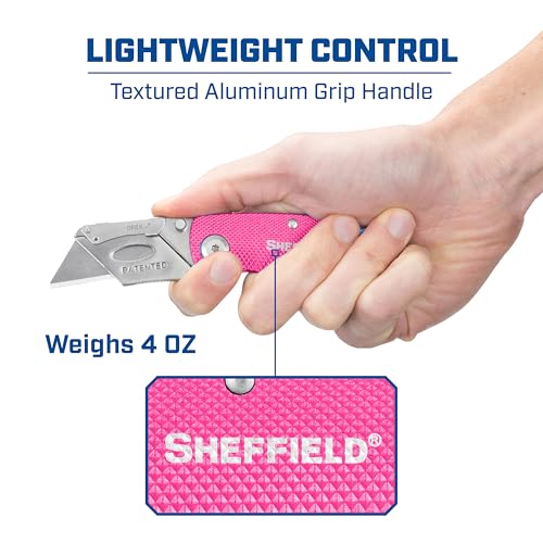 Image of Sheffield 12346 Lock Back Utility Knife 4 Pack with 10 Utility Knife Blades | Box Cutter with Aluminum Texture Grip Handle, Features Pocket Clip, Patented Quick Change Utility Blade Mechanism