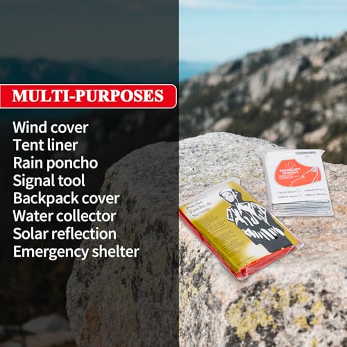 Image of Emergency Rain Poncho(4-Piece) and Thermal Blanket (6-Piece),Outdoor Emergency Poncho and Mylar Blanket Liner,Waterproof Space Mylar Blankets and rain Poncho for Camping or Car Emergencies