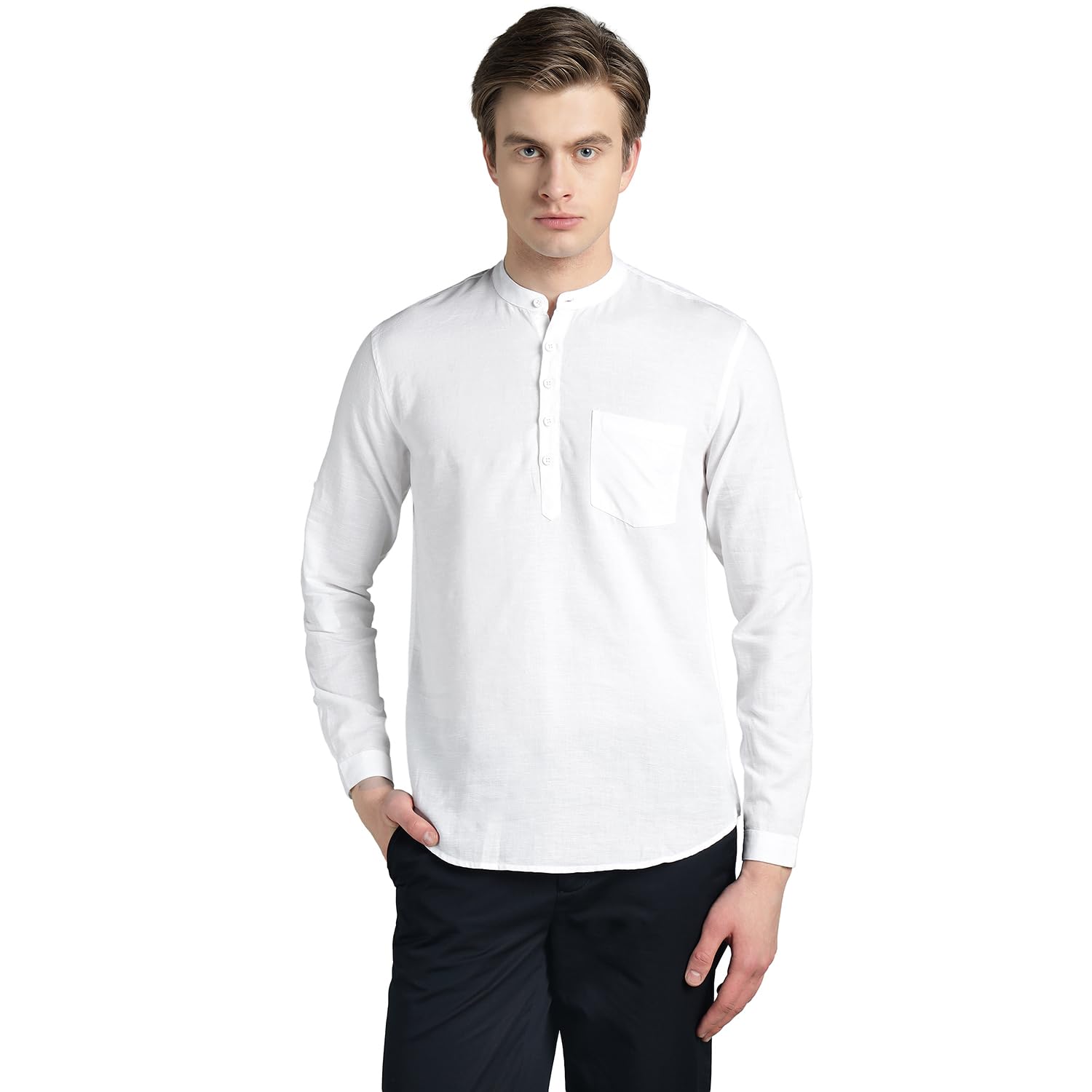 richlook Men’s Solid White Mandarin Collar Kurta Shirt | Cotton Linen Casual Ethnic Wear | Slim Fit Half Placket Henley Style Shirt with Chest Pocket | Lightweight Summer Kurta for Men-picture-37