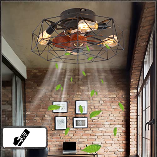 JDALX Retro Lampe Mit Ventilator Leise 6 Geschwindigkeit timer Schwarz Deckenventilator mit Beleuchtung Vintage DC Reversible Licht mit Ventilator Industrie für Schlafzimmer Küche Winter Erhältlich Cover