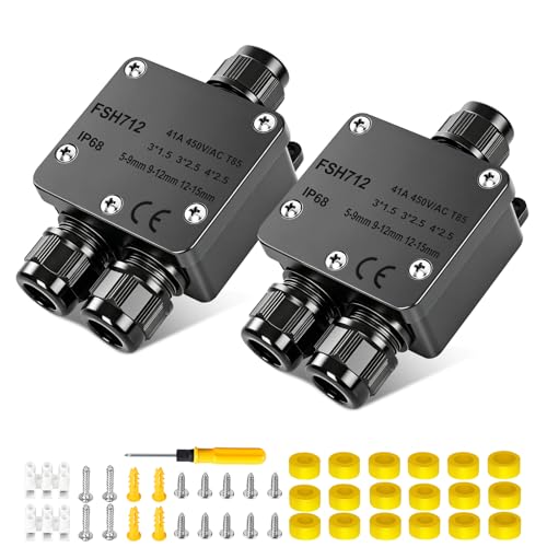 IP68 Wasserdichte Abzweigdose 3-Wege Erdkabel Verteilerdose Außen für Garten & Outdoor UV-beständiger Kabelverbinder Ø 5-15mm Anschlussdose für Außenbeleuchtung & Teichpumpe Schwarz (2 Stück)