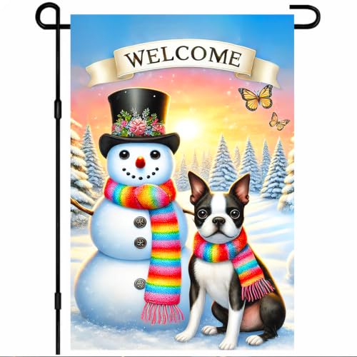 Image of BlissYard Winter Yard Flag Snowman Puppy 12x18 Inch Polyester