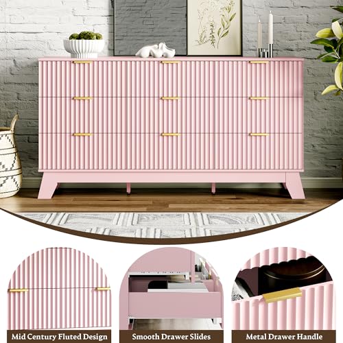 Image of Fluted Dresser for Bedroom with 9 Drawers, 57 inch Pink Dressers & Chest of Drawers for Girls, Mid Century Modern Dresser of Closet TV Stand, Boho Wood Chests of Drawer for Living Room, Hallway, Pink