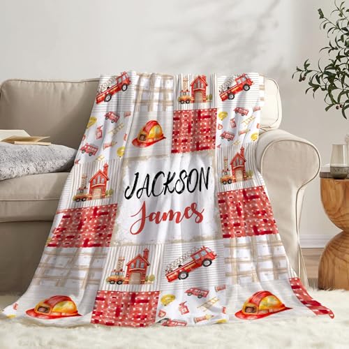 Image of Fire Trucks Firefighter Custom Blanket Gifts Personalized Fire Trucks Throw Blankets for Boys Girls Super Soft Fleece Flannel Air Conditioning Blanket for Couch Bed 50x40 in for Kid