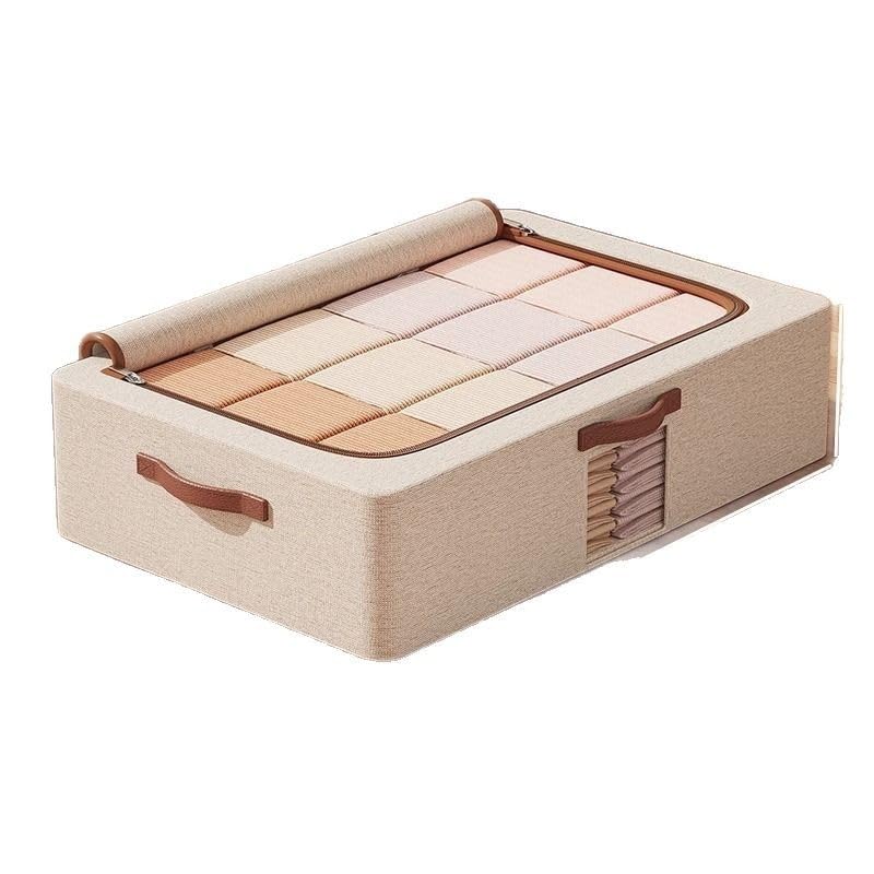 WAKZDSNH Under-Bed Storage Box with Lid, Cotton Linen, 50 x 40 x 15 cm, Beige
