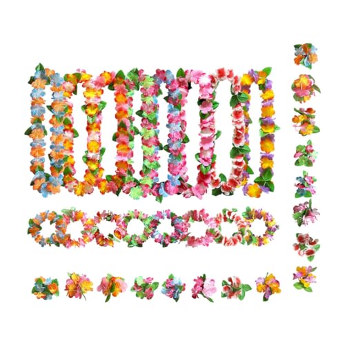 LALADEFIEE Kit de 32 Pièces D’accessoires Hawaïens pour Fête – 8 Couleurs de Pétales, Colliers, Bandeaux et Bracelets de Fleurs Artificielles Légers en Textile, Réutilisables, Décorations