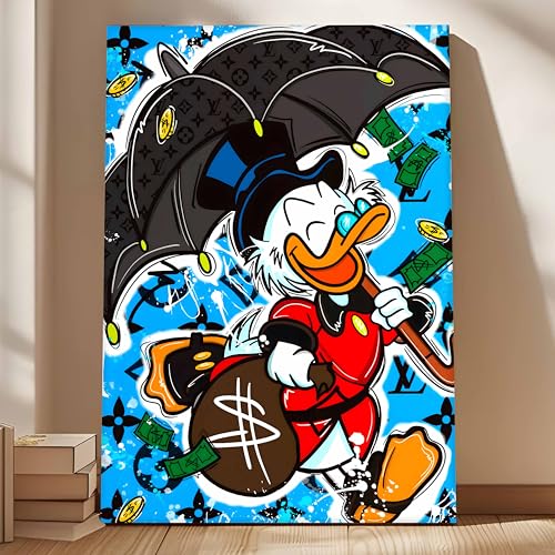 Image of Luxury Cartoon Duck Pop Art Canvas Wall Art Painting For Living Room | Money & Success Theme Street Art Wall Art Painting | Modern Graffiti Style Artwork for Home & Office, 56x86 cm