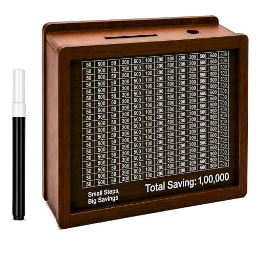 Image of PulGos Wooden Money Saving Box with Marker | 1,00,000 Goal Piggy Bank