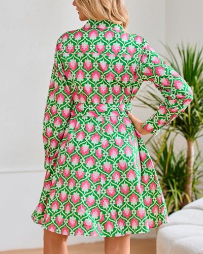 Image of Women's Printed Button Down Shirt Dress Long Sleeve Belted Mini Dress