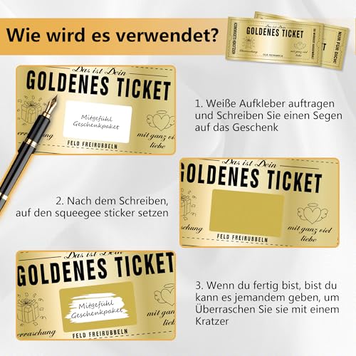 6 Stück Goldene Ticket Gutschein zum selber ausfüllen mit Rubbelaufkleber Rubbelkarte zum beschriften Gutscheinkarte Reisegutschein Kinogutschein Geburtstagskarte Geschenk für Frauen Freundin Freundin