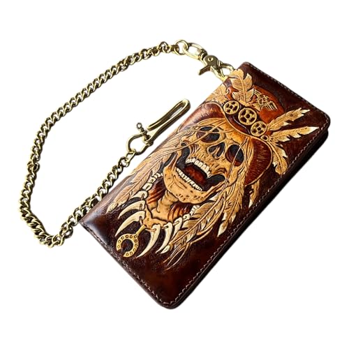 Handmade Skull Leather Carving Long Wallet, Long Wallet, Hand-carved, Leather Carving Wallet with Bronze Chain3