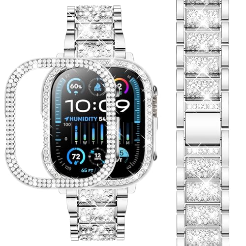 Image of SUPOIX for Apple Watch Band 49mm + Case, Bling Bands for Women (Silver) | Shiny Metal Bands & 2 Pack Protective Cover Cases for iWatch Ultra 49mm