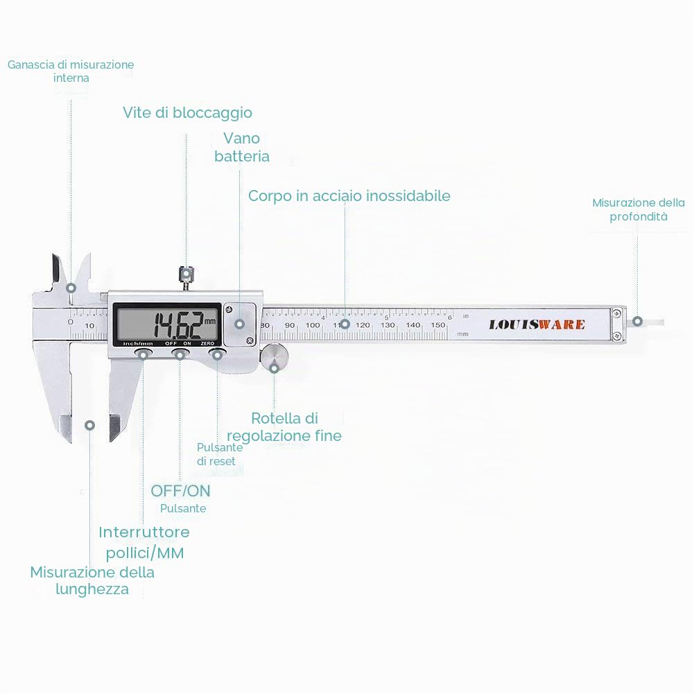 Calibro Digitale, Precisione Calibri in Acciaio Inox 150mm con Ampio Display LCD Micrometro Digitale Professionale per Misurazione Esterne, Interne, Profondità e di Passo
