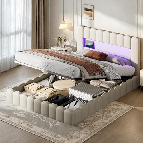 FEEOHOME Cama doble 180 x 200 cm, Espacio de almacenamiento con 4 cajones y carga USB, LED cama funcional, marco de cama con cabecera regulable en altura