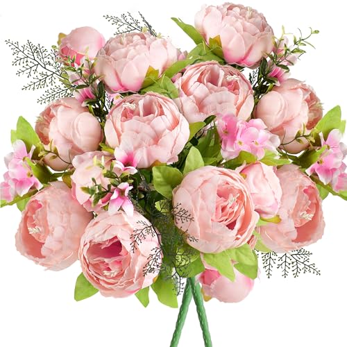 Image of FiveSeasonStuff Vintage Artificial Peonies Silk Peony Flowers and Hydrangeas for Wedding Bridal Home Decor - Beautiful Floral Centerpiece Arrangement Decoration with 2 Bouquets (Charm Pink)