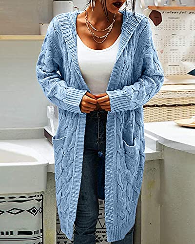 Image of Women Hooded Open Front Cardigan Cable Knit Chunky Long Sweater Coats | solid color, cable knit ,long duster cardigan,chunky coatigan,winter ,falll ,side pockets