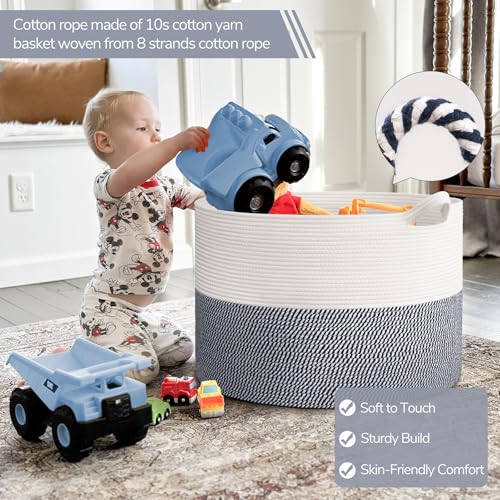 Image of INDRESSME 115L Extra Large Cotton Rope Basket, Blanket Basket for Home Decor Living Room Nursery, Toy Storage Baskets for Kids Boys Girls, White & Navy