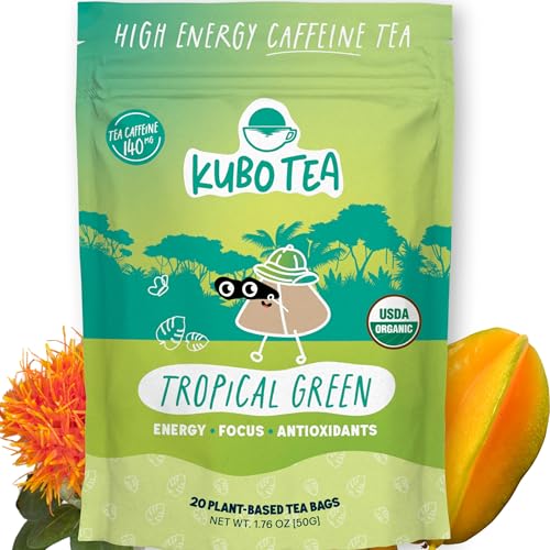 Kubo Tea High Caffeine Tropical Green Teabags (155mg) 20 Count with Organic Green Tea Extract, Chamomile, Carob Bean & Safflower Petals For Clean Energy & Focus, Coffee Alternative