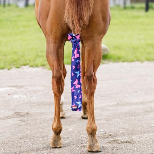 UltraFlex Butterfly Tail Bag - Set of 3 | Lycra Tail Protectors for Horses with Self-Tie Closures | Ideal for Turnout & Show Prep | Navy Blue with Pink & Blue Butterflies | 24