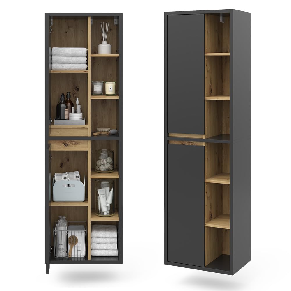 Vicco Armadio per il bagno Viola, Antracite, 50 x 170 cm con ante e vani a giorno, adatto al montaggio a parete e combinabile con altri mobili Viola
