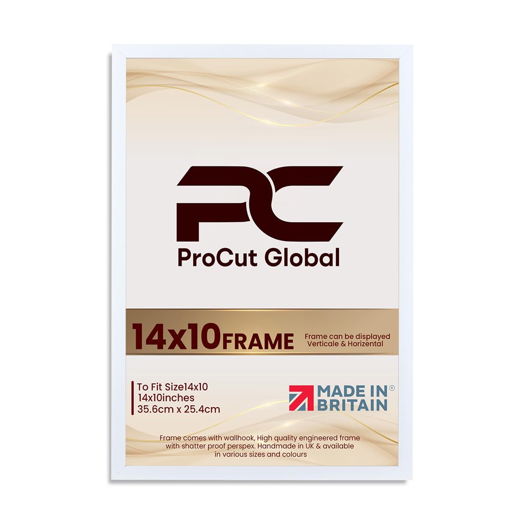 Procut Global 14X10 White Picture Frames – Sleek Wooden Photo Frame with Shatterproof Perspex for Wall or Tabletop – Perfect for Posters, Certificates, Prints–Multiple Sizes & Colors Available
