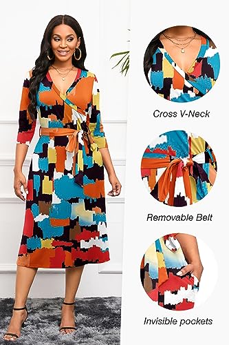 Runwind Women'S Midi Dress,3/4 Sleeves V Neck Cocktail Party Dress Curvy Wrap Sexy Geometric Pattern Dresses With Belt thumb #3