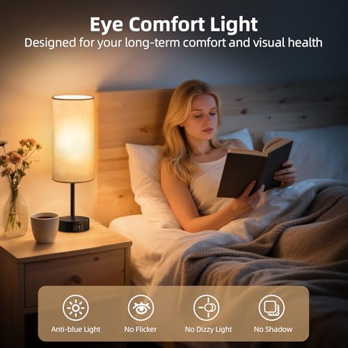 Image of Table Lamp for Bedroom, High-Sensitivity Touch, AC Outlet, USB A+C