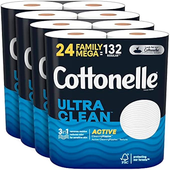 Cottonelle Ultra Clean Toilet Paper with Active CleaningRipples Texture, Strong Bath Tissue, 24 Family Mega Rolls (24 Family Mega Rolls = 132 Regular Rolls) (4 Packs of 6), 388 Sheets per Roll