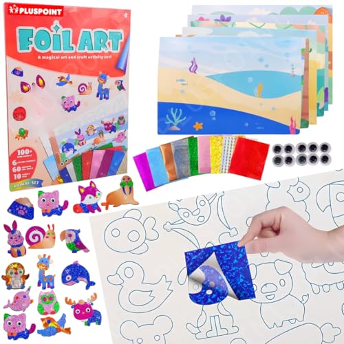 Image of PLUSPOINT Foil Art Kit for Kids Animals Theme 100+ Foam Stickers Arts and Crafts, No Mess Art for Kids, Fun Craft Kits & Supplies, DIY Creative Activities, Travel Toys Gifts for Girls & Boys Ages 5+