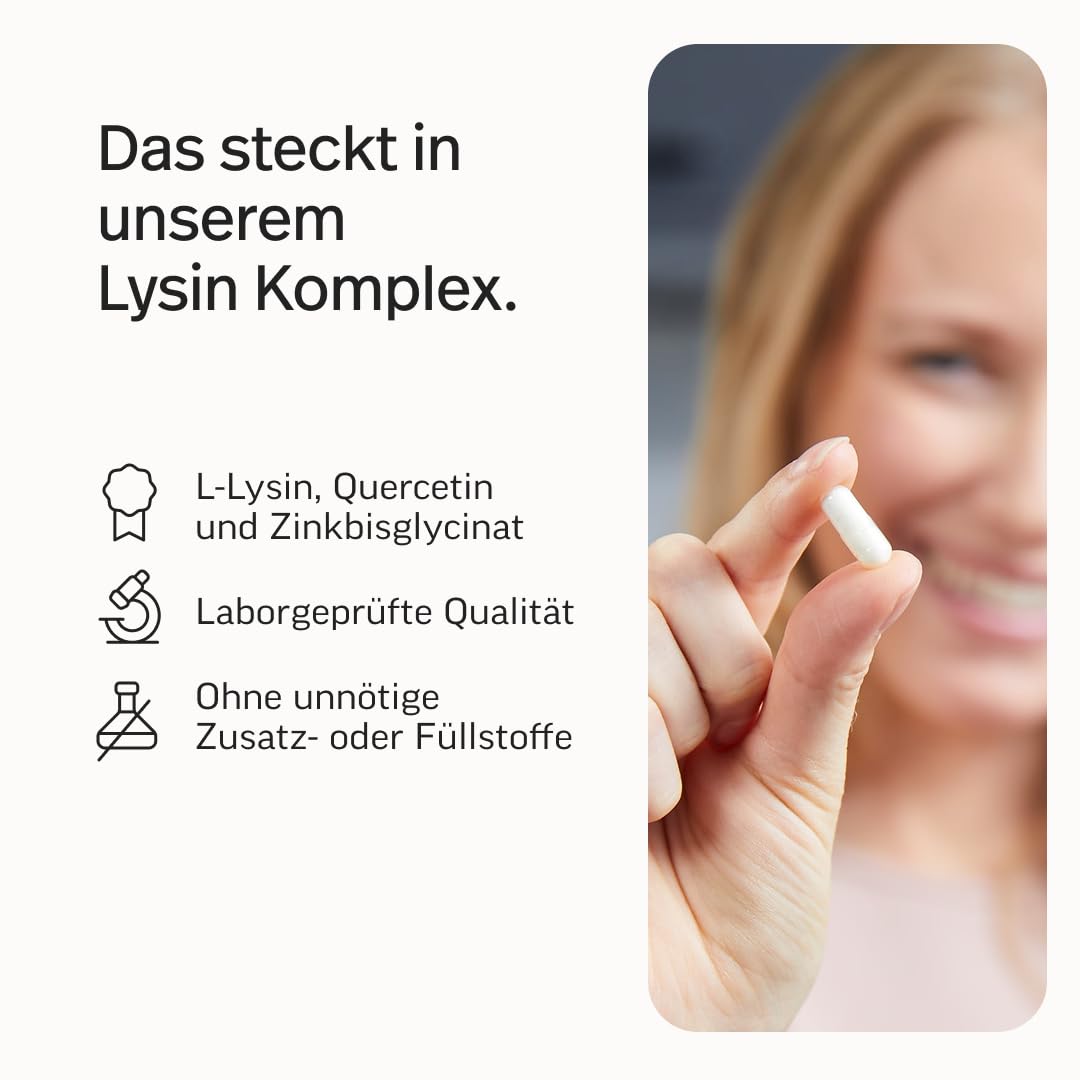 edubily® Lysin Komplex – 400 mg L-Lysin + 50 mg Quercetin + 1 mg Zink pro Kapsel – vegan, Made in Germany, ohne Zusatzstoffe – 90 Kapseln