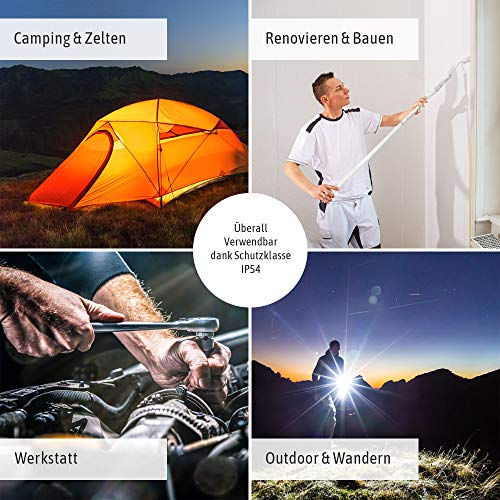 LED Akku Baustellenlampe Baustrahler 10W mit schnell aufladbarer USB Powerbank Batterie Werkstattlampe Arbeitsscheinwerfer Arbeitsleuchte 4400mAh 4-Licht-Modi Wasserschutz IP54