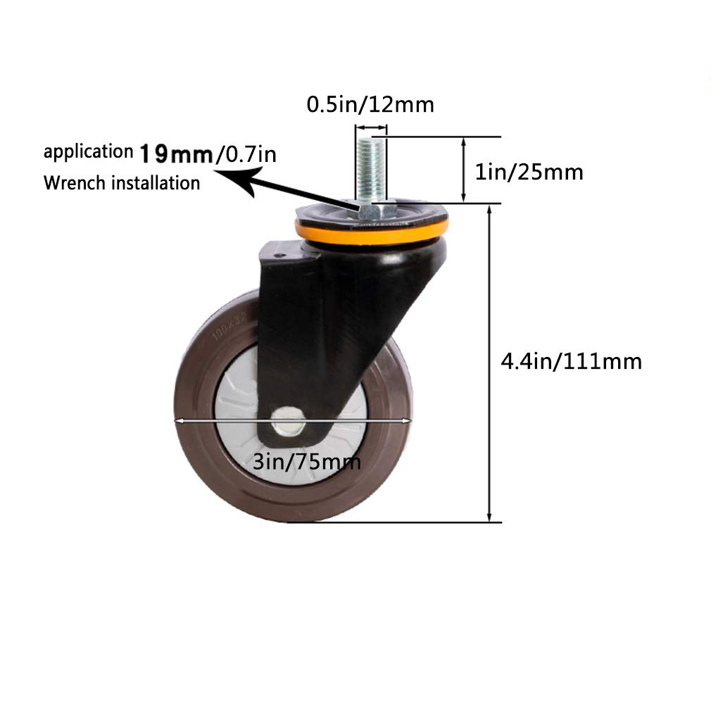 Rotella,Rotella Girevole,Rotella con Freni,Rotella in Gomma Antiscivolo con Asta filettata M12, Rotelle piroettanti con Freno,Rotella per mobili per carichi Pesanti del Carrello,con rotelle