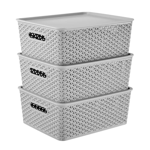Image of Amazon Basics Set of 3 Plastic Storage Baskets with Lid - Stackable Organiser for Wardrobe, Kitchen, Clothes, Toys, Books, Office, Stationery - Multipurpose (Medium, 36x30x13 cm | Grey, Rectangular