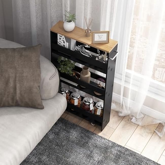 MAT EXPERT Slim Rolling Storage Cart, 4-Tier Freestanding Slim Storage Cart with Wheels 360 Degree & Metal Handle, Wooden Utility Cart for Narrow Kitchen, Laundry Room, Bathroom (Black + Natural)-9nj1A0Ry