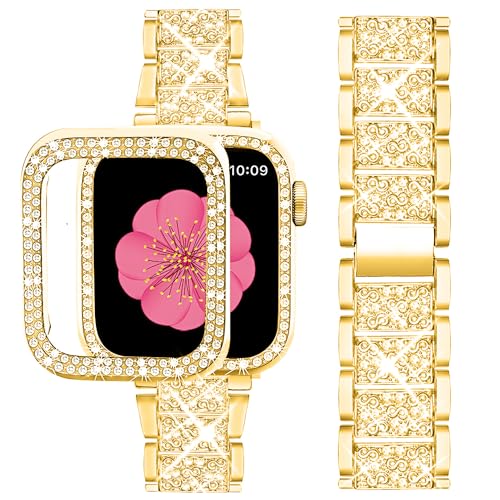 Image of SUPOIX for Apple Watch Band 45mm + Case, Bling Bands for Women (Gold) | Shiny Metal Bands & 2 Pack Protective Cover Cases for iWatch Series 9 /8 /7 45mm