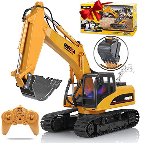KKNY Remote Control Excavator Toy 1/14 Scale RC Excavator 15 Channel 2.4Ghz Full Functional Construction Vehicles RC Truck with Lights Sounds Xmas Gift for Boys Kids(Upgrade) (1:14-1)