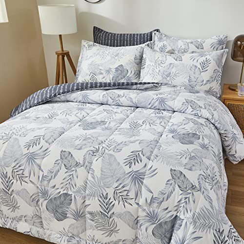 Lemfux 100% Cotton Palm Leaf Printed Summer Comforter Set, Ultra Lightweight Tropical Style White Thin Comforter, Elegant Plant Pattern Reversible Down Alternative Bedding Sets, Twin Size, 3Pcs #TOP3
