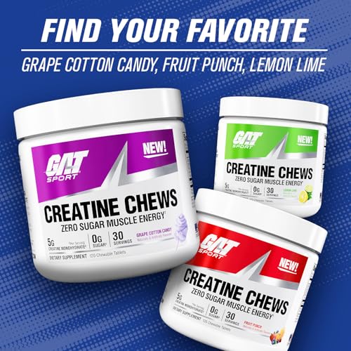 Image of GAT SPORT Creatine Chews, Zero Sugar, 5g Pure Creatine Monohydrate, 3rd Party Tested, Brain Health, Muscle, Strength, Anti-oxidant Support, for Men & Women, 30 Servings (Grape Cotton Candy)